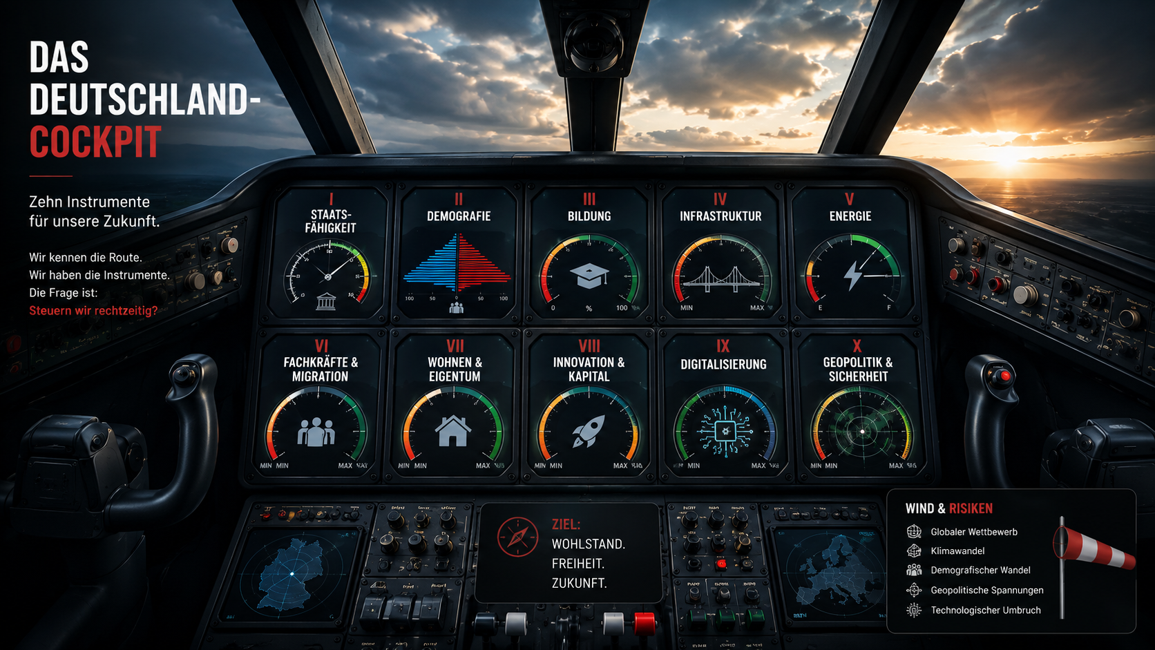 Das Deutschland-Cockpit: zehn Instrumente — Staatsfähigkeit, Demografie, Bildung, Infrastruktur, Energie, Fachkräfte & Migration, Wohnen & Eigentum, Innovation & Kapital, Digitalisierung, Geopolitik & Sicherheit — als Cockpit-Anzeigen; dazu „Wind & Risiken“ als Gegenwind.